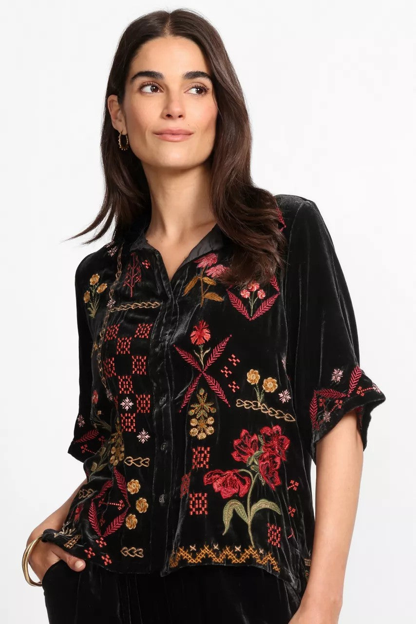 RUFFLE NECK VELVET SHIRT